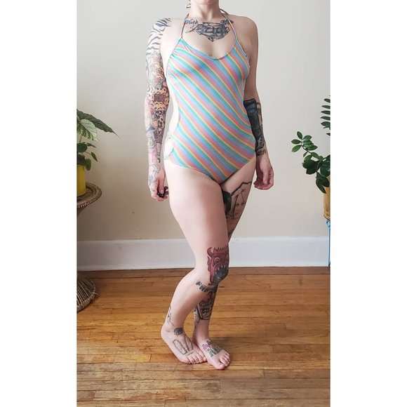 70s/80s Striped Rainbow Bathing Suit **HAS FLAWS** - Picture 2 of 8